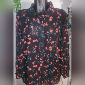 Lane Bryant Black Floral Sheer Button Up Shirt
